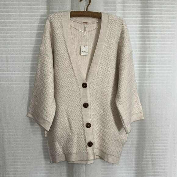 free people M Ivory Herringbone Stitch Pattern Kimono Cardigan Sweater - Picture 9 of 16